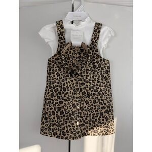 Rachel Zoe Leopard Print Pinafore Dress White Ribbed Mock‎ Neck Top Set Size 4